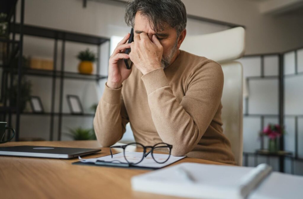 Person in an office pressing fingers to eyes while talking on the phone with glasses and paperwork nearby on the desk.