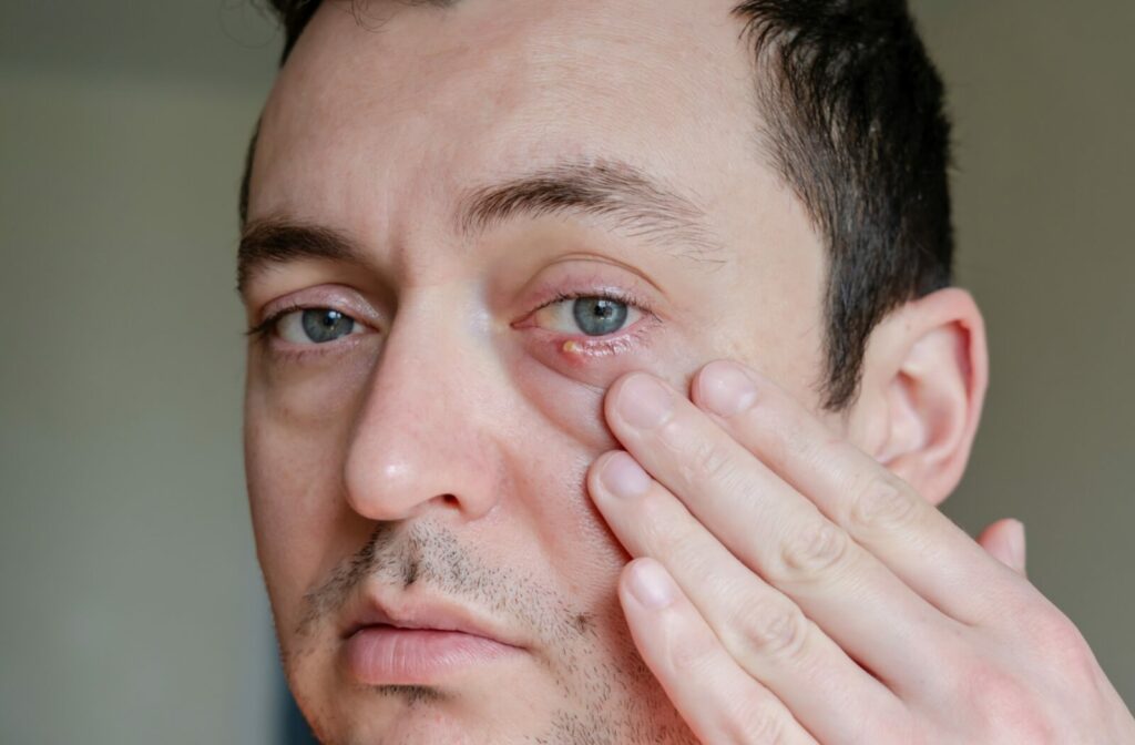 Close-up of a person with eyelid irritation and redness, commonly associated with blepharitis.