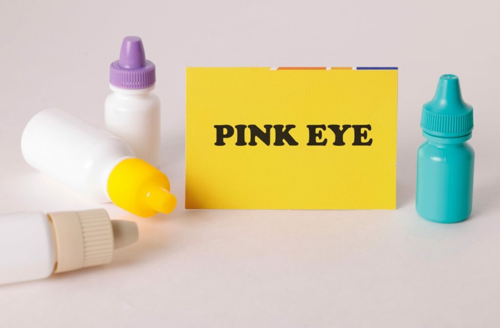 A yellow card with the text "PINK EYE" surrounded by various small bottles of eye drops and medication on a white surface.