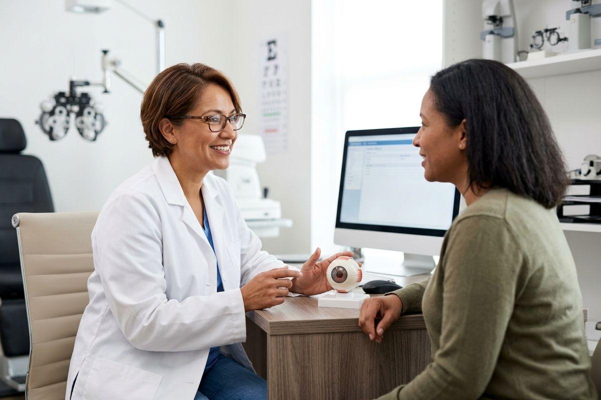 A smiling optometrist sitting at a desk in an eye clinic gestures toward an anatomical eye model while talking to a patient.