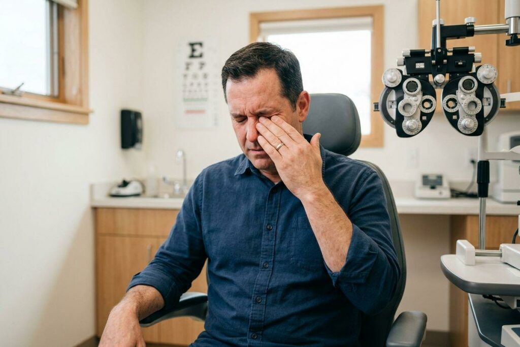 An adult sits in an optometrist's exam chair, rubbing their closed eye and wincing next to an eye exam machine.
