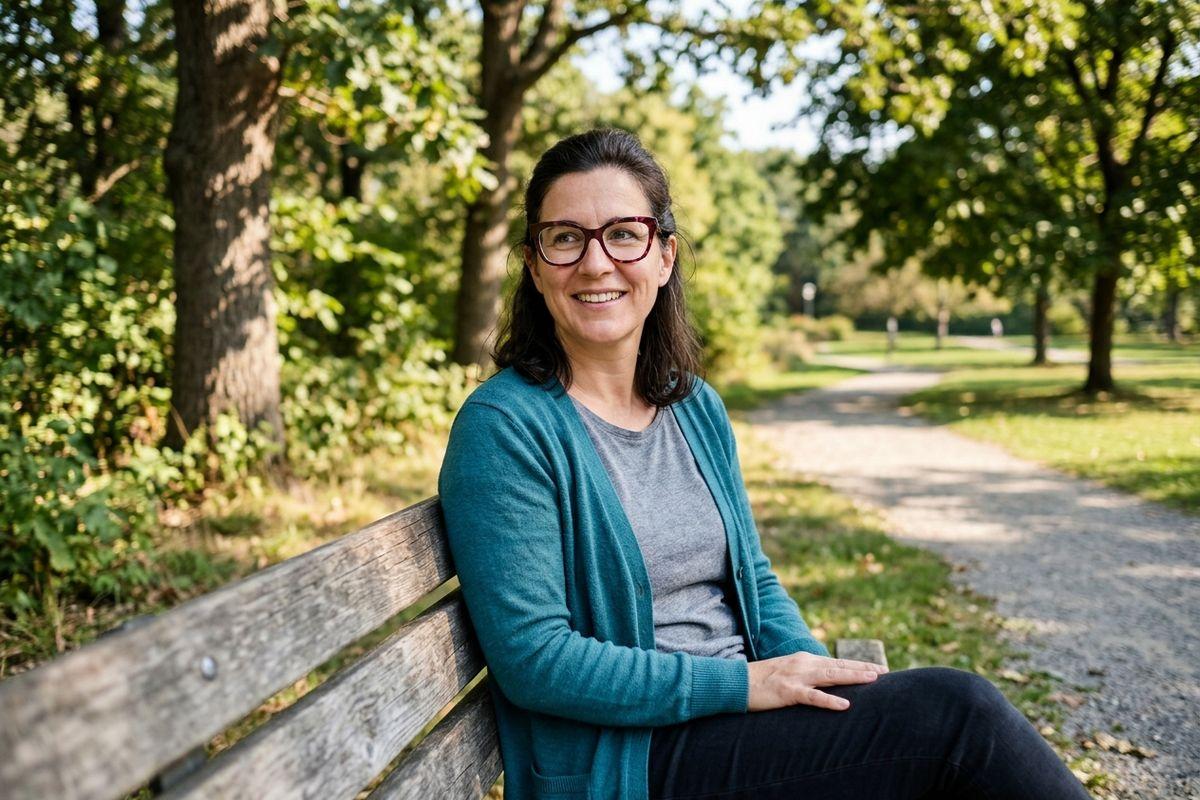 A smiling adult sits on a wooden park bench, enjoying the outdoors.