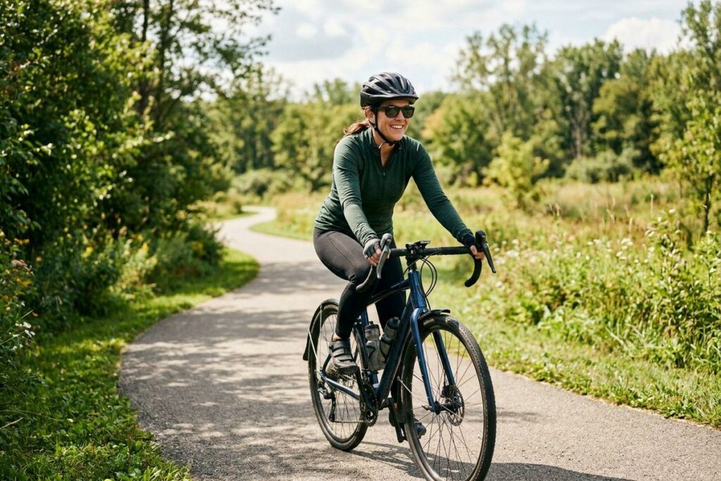 A smiling adult wearing a helmet and sunglasses rides a blue bicycle along a paved path surrounded by trees and grass.