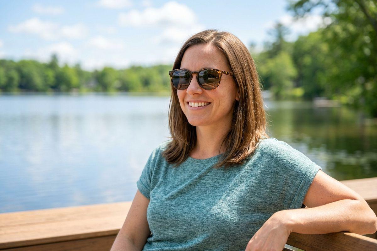 A smiling adult wearing sunglasses and a green shirt sits outdoors by a lake with trees in the background.