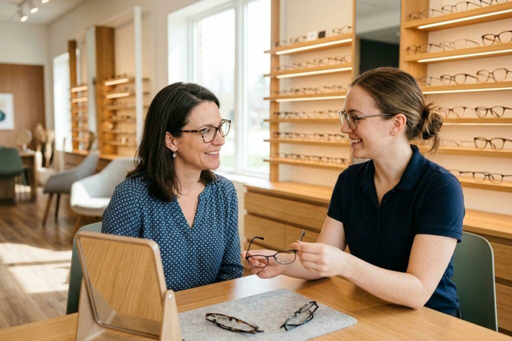 A smiling optician sits at a table, holding up a pair of eyeglasses for an adult choosing frames.