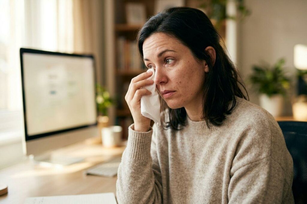 Adult in a beige sweater wiping a tear from one eye with a tissue while sitting at a desk beside a computer monitor at home.