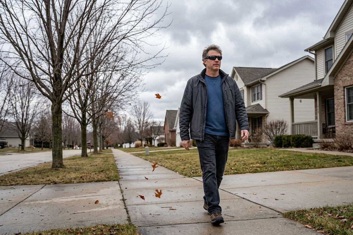 Adult in sunglasses and gray jacket walking along a suburban sidewalk under an overcast sky, with bare trees, houses, and blowing leaves.