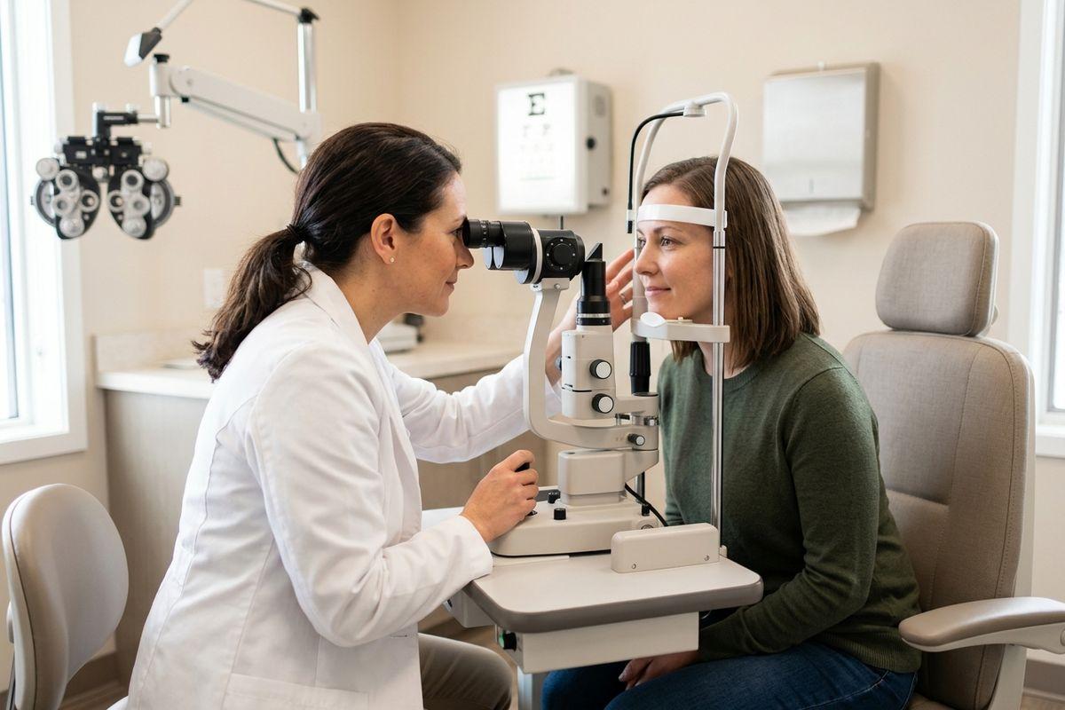 Optometrist examines a patient's eyes using a slit lamp in an exam room with an eye chart on the wall.