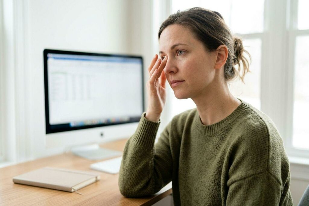 Person in green sweater rubbing eye at a desk with a computer monitor and notebook near a window.