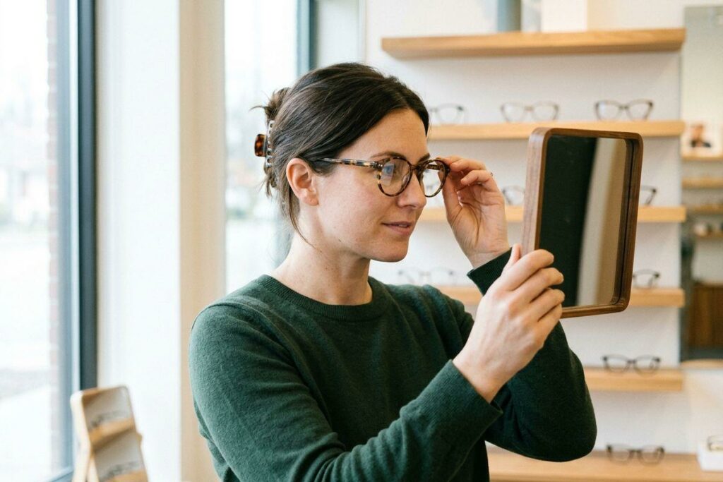 An adult trying on tortoiseshell glasses while holding a handheld mirror in an optical shop, with eyewear displayed on shelves behind.