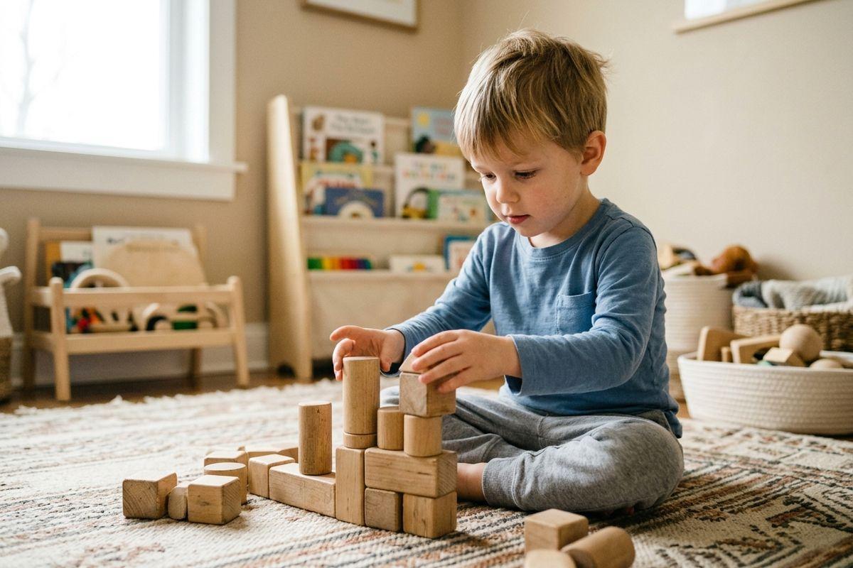 Child sitting on a rug, focused on stacking wooden blocks in a playroom with bookshelves and baskets.