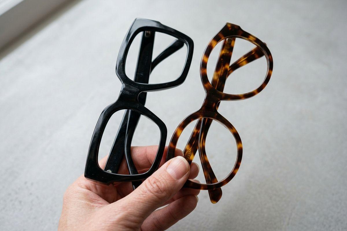 Hand holding two pairs of eyeglasses against a plain light background: black square frames and round tortoiseshell frames.