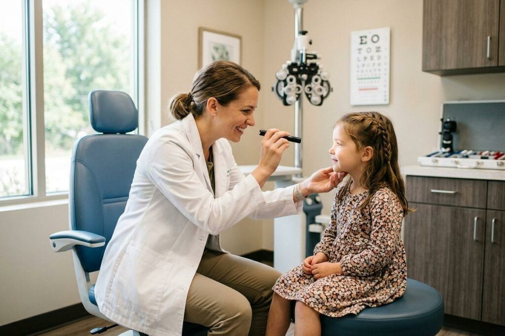 Optometrist using a penlight to examine a smiling child's eyes in an exam room with an eye chart.